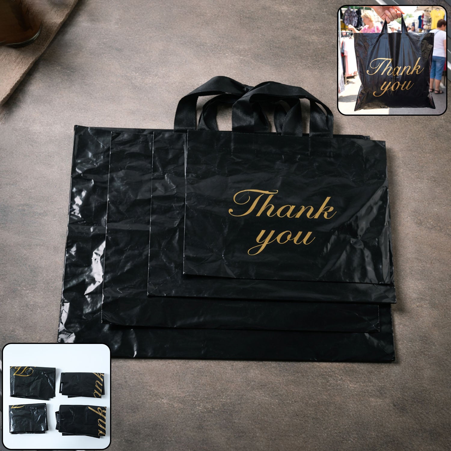Black Thank You Printed Carry Bags Mix Size (4 Pc Set)