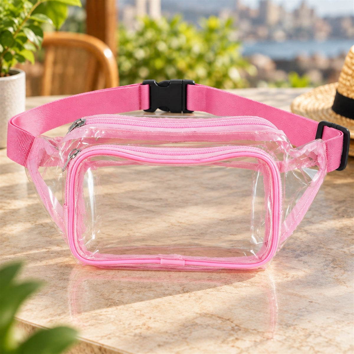 Wukusy transparent PVC waist bag with two zip pockets, adjustable strap, measuring 26x16 cm, shown from front with open zippers