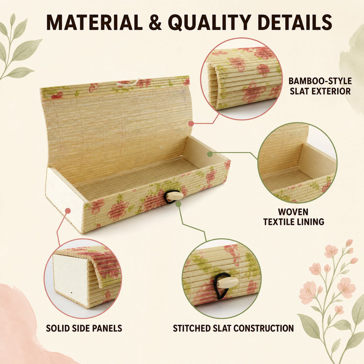 Decorative Wooden Floral Empty Storage Box With Roll Top Lid For Home (1 Piece)