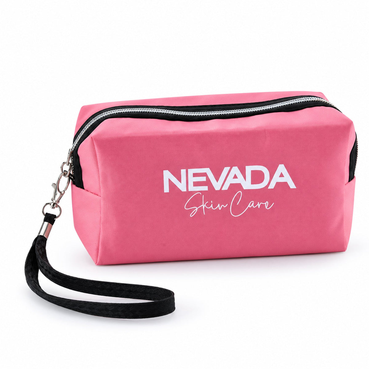 Wukusy cosmetic pouch with zipper closure and detachable wrist strap, 23x10.7 cm, shown with accessories inside.