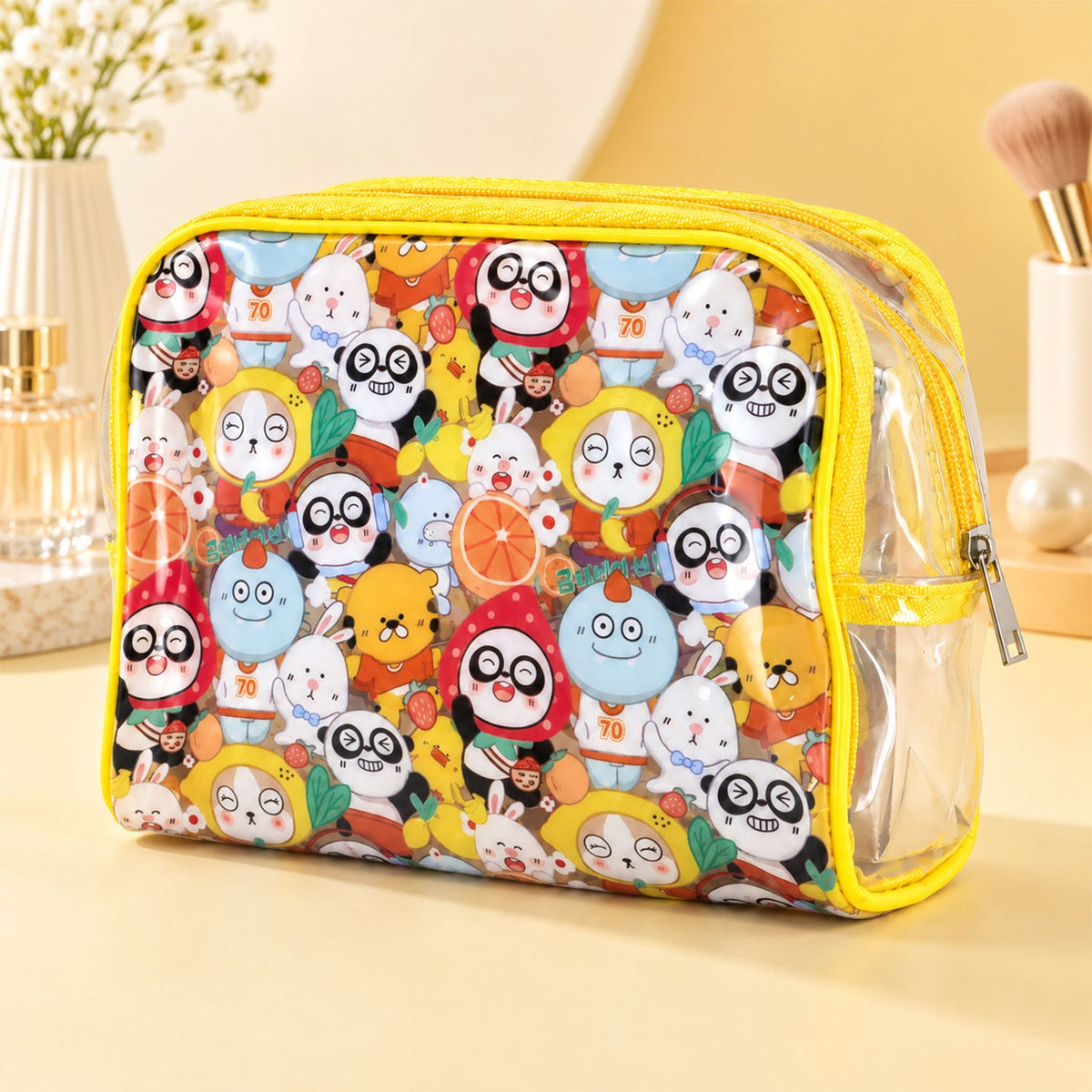 Wukusy multipurpose PVC cosmetic pouch with cartoon print, zip sections, ideal for travel storage of makeup and toiletries.
