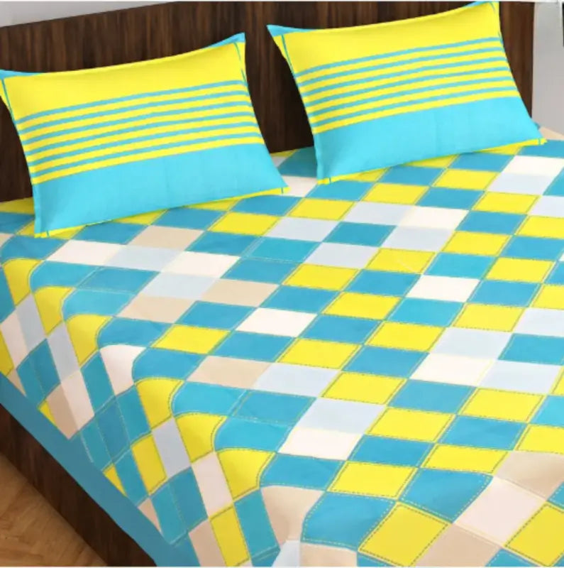 Super Soft Pure Cotton Fitted Double Bed Bedsheet with 2 Pillow Covers (100x90 Inches)
