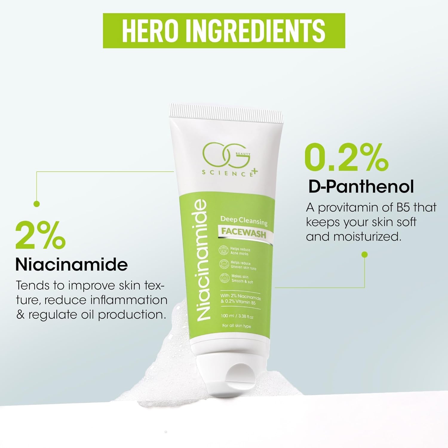 Wukusy Og Beauty Niacinamide Deep Cleansing Facewash in 100ml bottle, showing clear gel with Niacinamide for healthy skin.