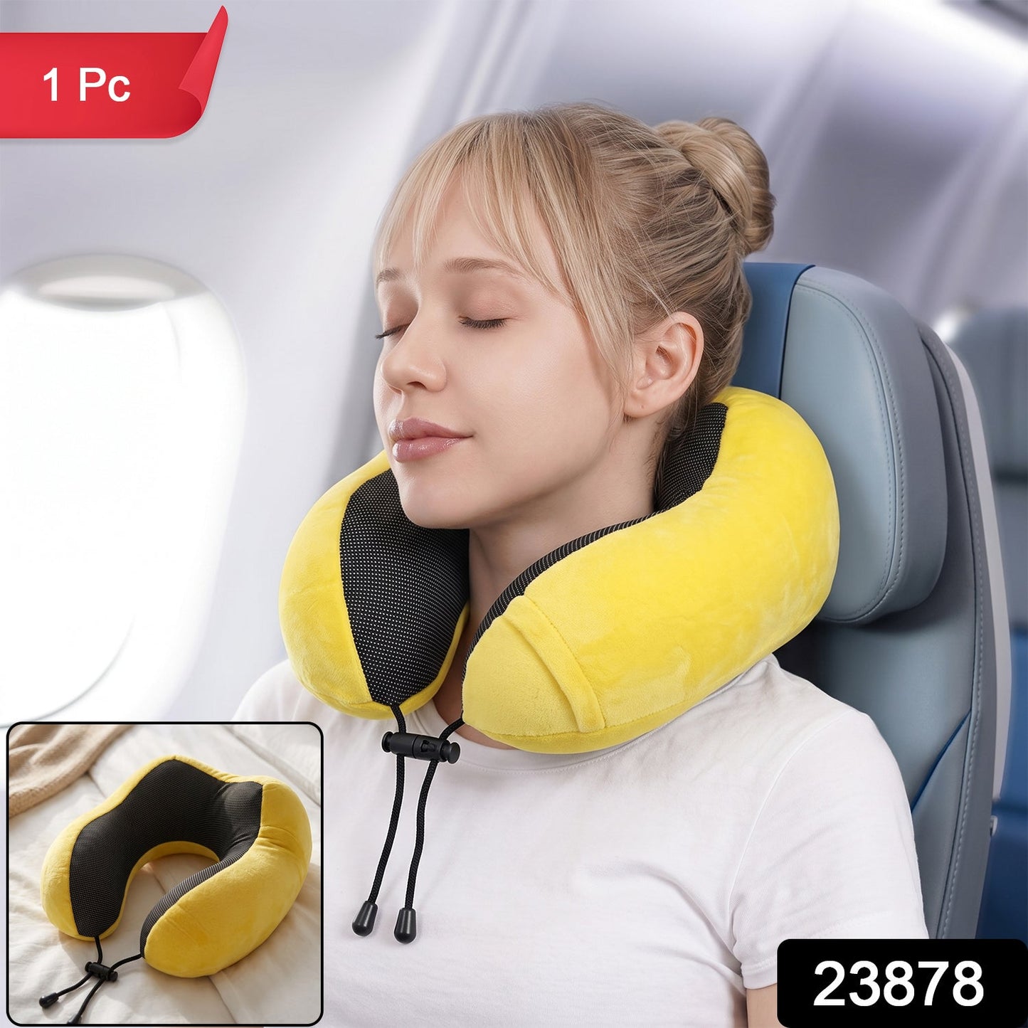 U Shaped Soft Neck Pillow Yellow Plush Travel Pillow With Drawstring (1 Pc)