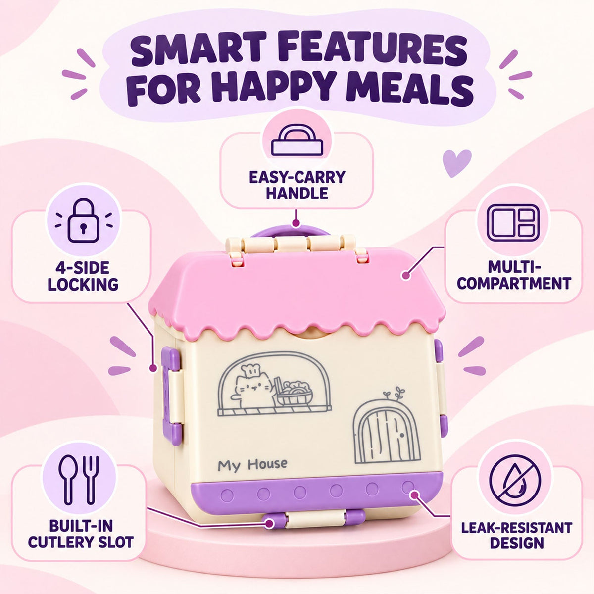 House-shaped plastic kids lunch box with handle, spoon, and fork, size 17x17x6.5 cm, by Wukusy.