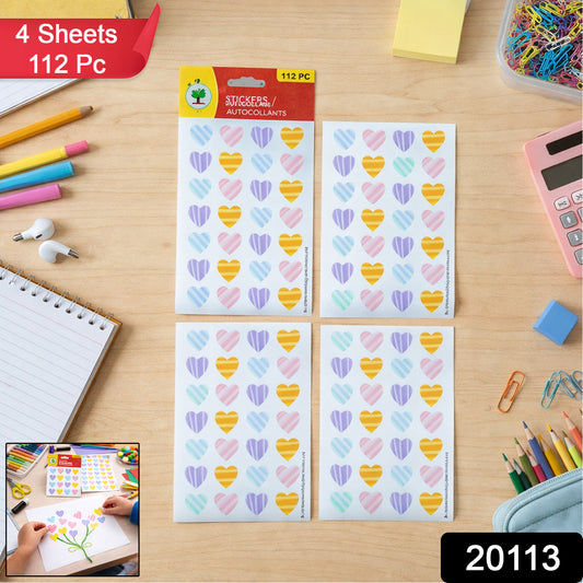 Colorful heart-shaped decorative sticker set by Wukusy with 4 sheets and 112 pieces, featuring vibrant heart designs and patterns.