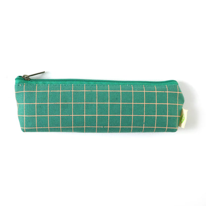 Green grid printed zipper pencil pouch organizer by Wukusy, showing a compact and stylish stationery storage case.