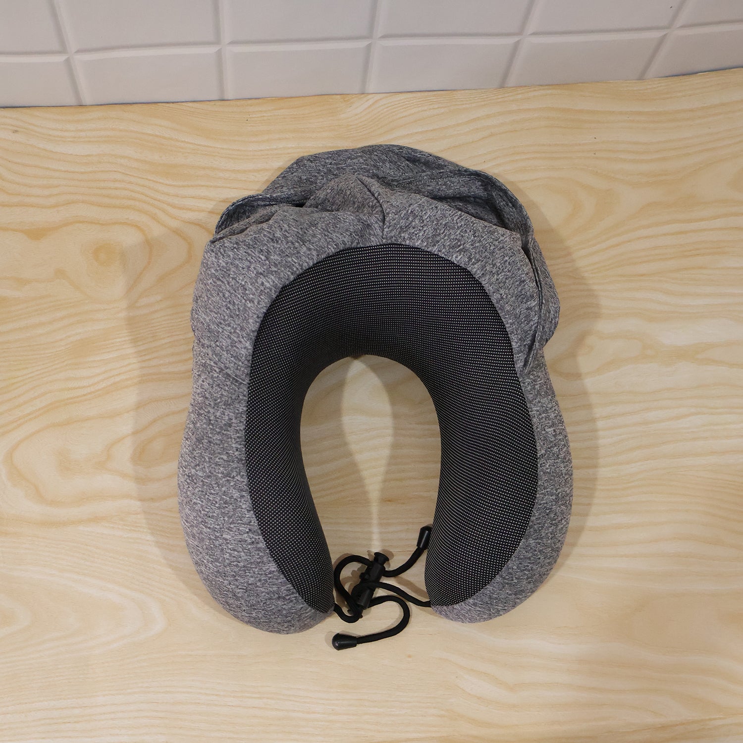 U Shaped Hooded Neck Pillow Grey Travel Pillow With Drawstring Hood (1 Pc)