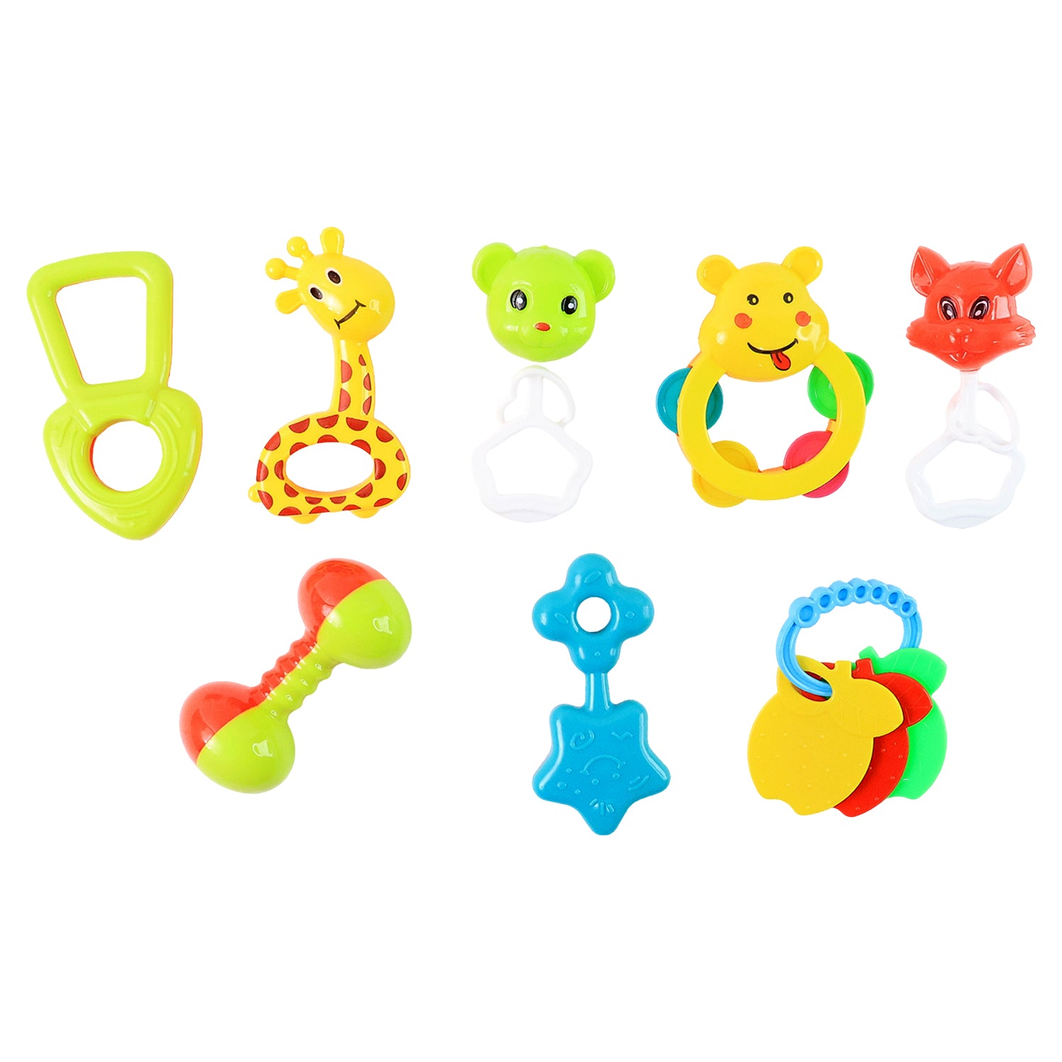 Set of 8 Wukusy baby rattles in various colorful designs for infants, soft and safe toy collection for early sensory development.