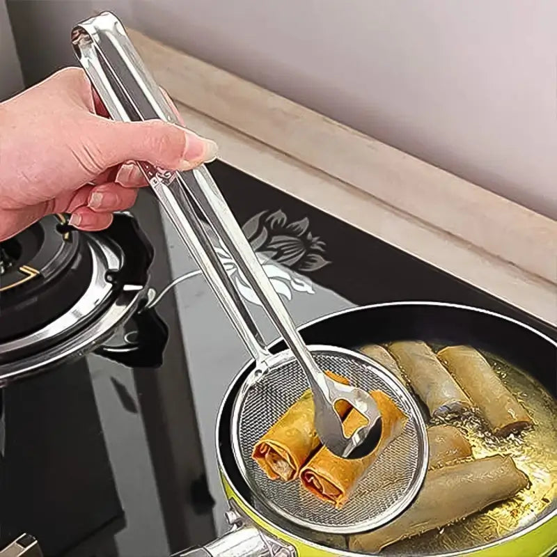 2-in-1 Stainless Steel Fry Tool Filter Spoon Strainer with Clip - Oil Frying BBQ Filter Mesh Strainer