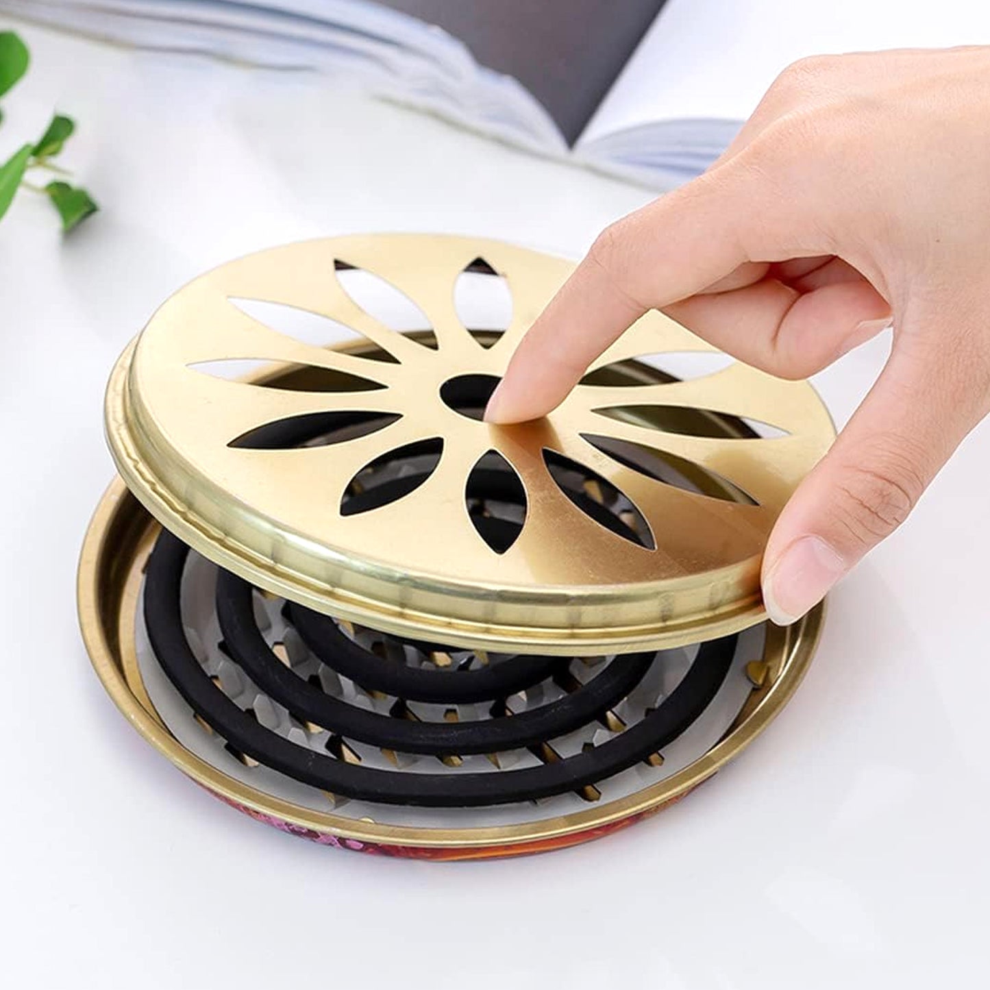 Wukusy 2-in-1 metal mosquito coil stand and incense burner, 15x15 cm, with a sleek metallic finish and compact design.