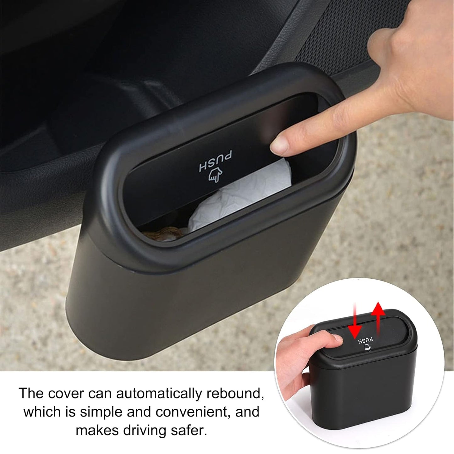 Wukusy plastic mini car trash can with lid, compact waste bin designed for vehicle use, shown in brown box packaging.