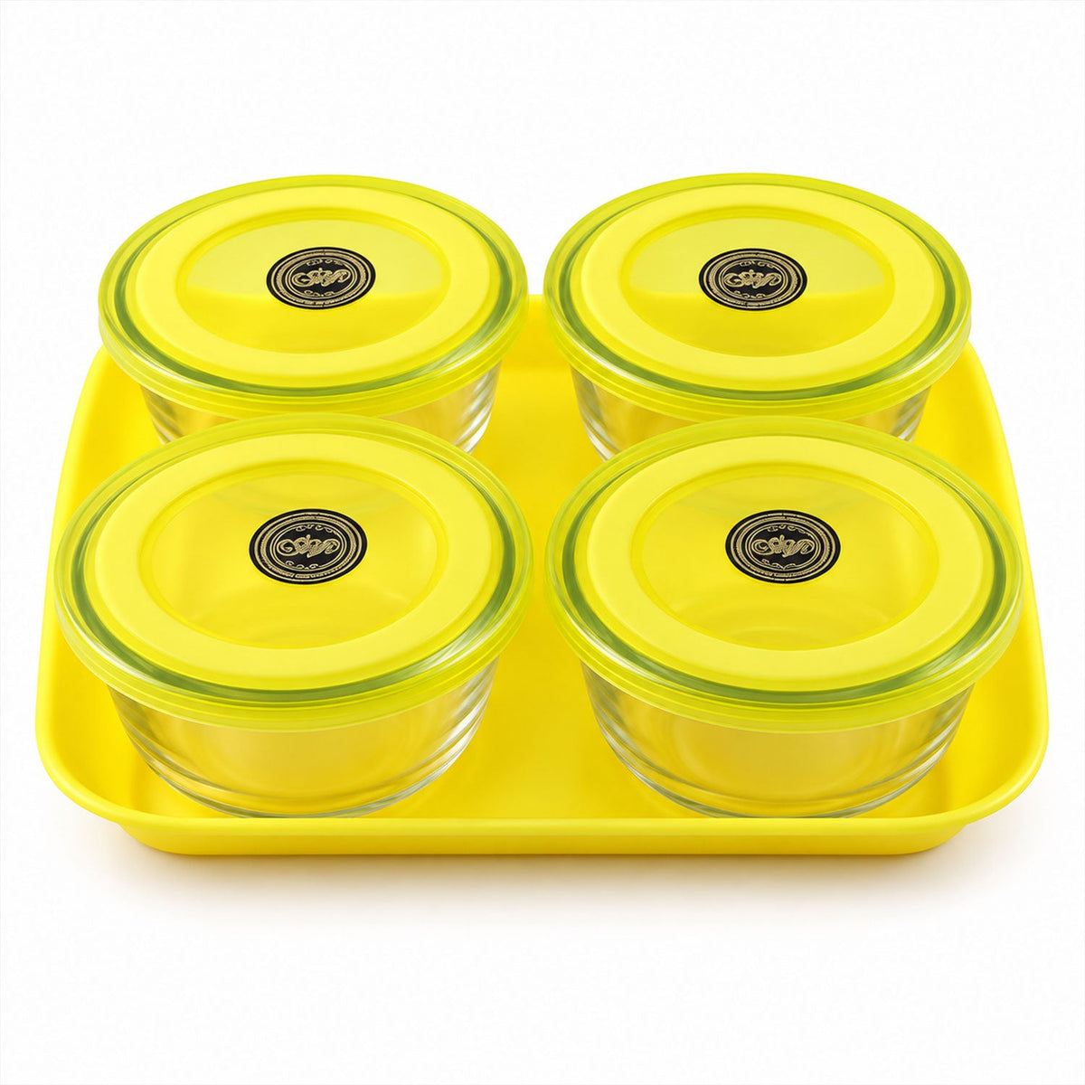 Wukusy 5-piece glass bowl set with plastic lids and serving tray for snacks, nuts, and food presentation.