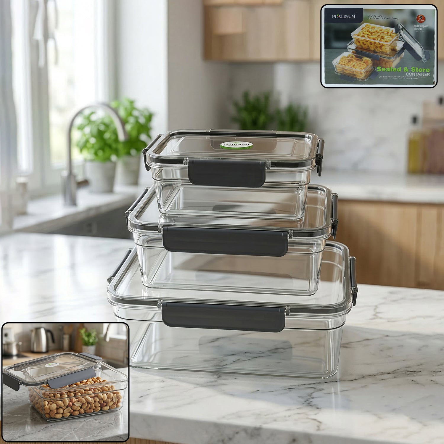 Plastic Airtight Food Storage Container Set(3 Pc 750 Ml 1500 Ml 2800 Ml)