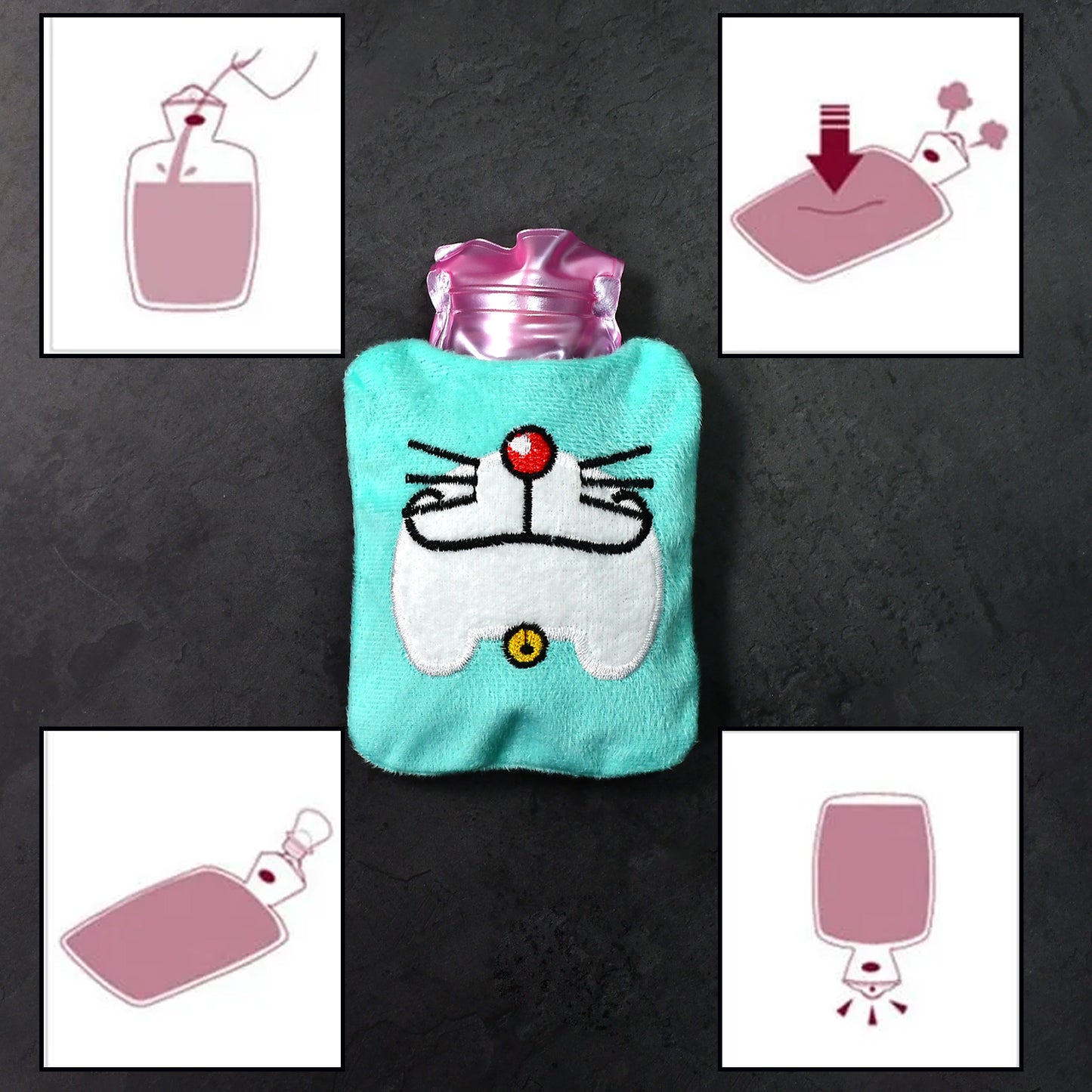 Wukusy Doremon cartoon small hot water bag with cover, used for neck, shoulder pain relief, hand, feet warmth, and menstrual cramps.
