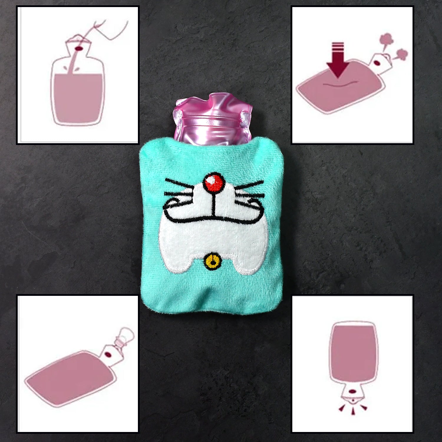 Wukusy Doremon cartoon small hot water bag with cover, used for neck, shoulder pain relief, hand, feet warmth, and menstrual cramps.