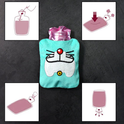 Wukusy Doremon cartoon small hot water bag with cover, used for neck, shoulder pain relief, hand, feet warmth, and menstrual cramps.