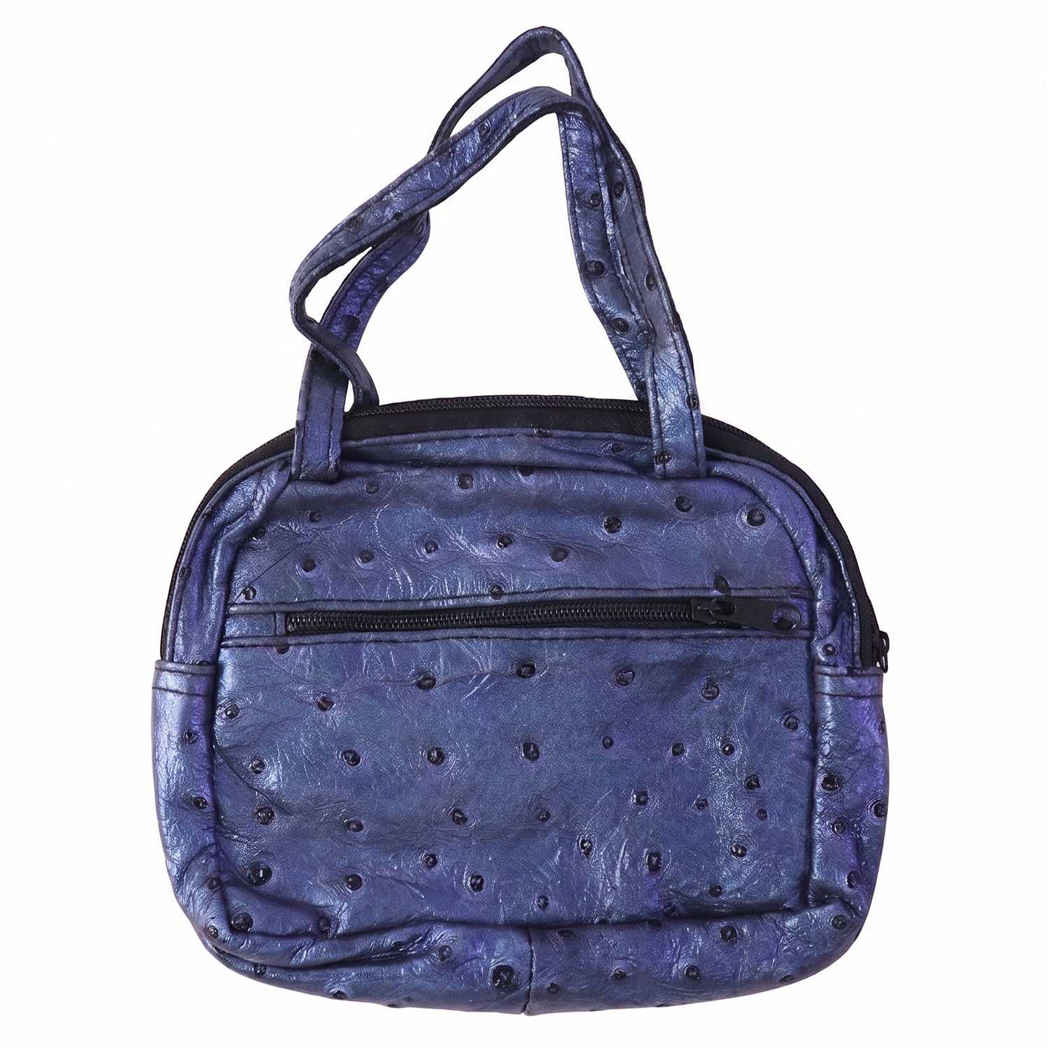 Metallic blue mini zipper handbag with ostrich pattern for women, by Wukusy, showcasing the textured design and compact style.