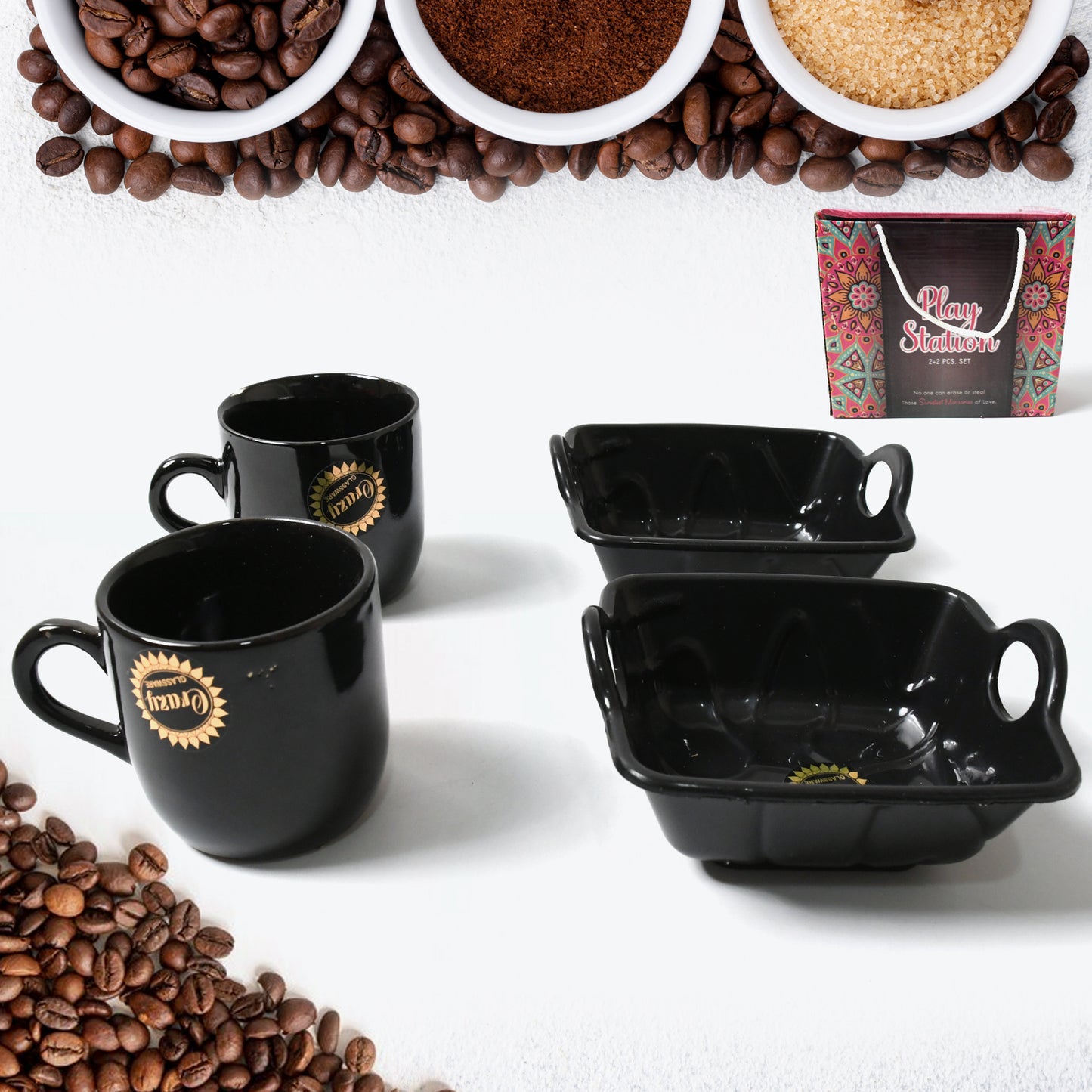 Set of four Wukusy PlayStation ceramic tea cups and mugs with handles, including serving bowl, milk cup, and coffee cups for household use.
