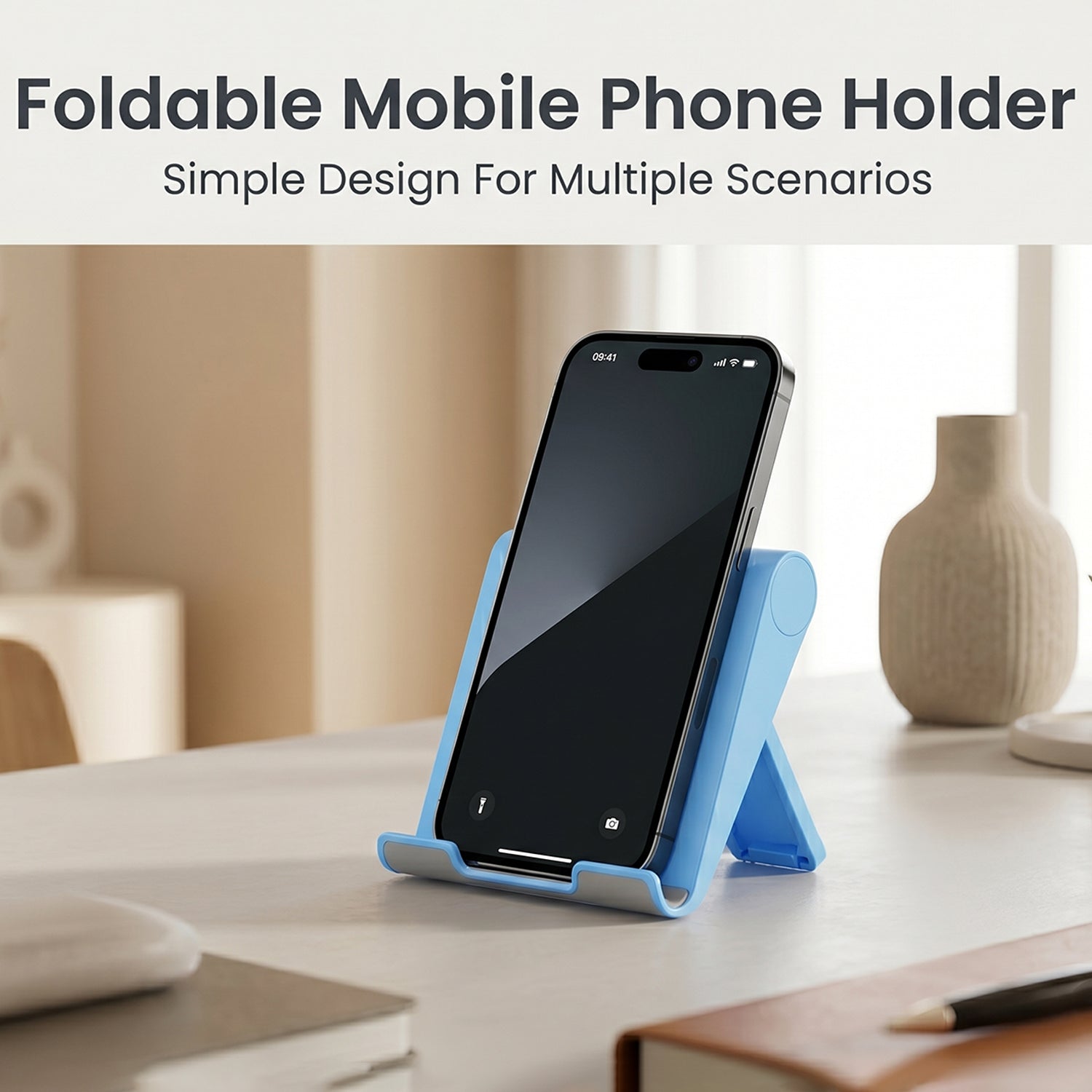 Wukusy plastic foldable mobile phone stand on desk, supporting video calls and hands-free viewing, compact and lightweight design