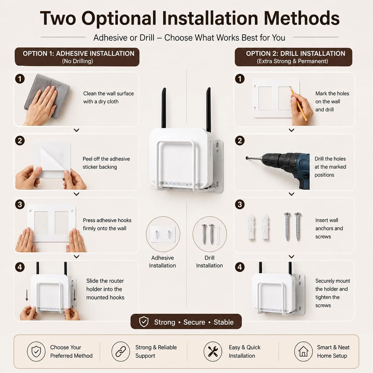 Wukusy wall mount WiFi router bracket holder stand shelf for set-top box, mounted on a wall with the router securely placed