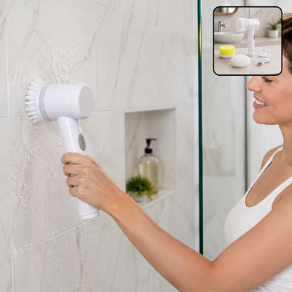Wukusy 5-in-1 electric rechargeable spin scrubber for bathroom cleaning with multiple brush heads on a tiled surface.