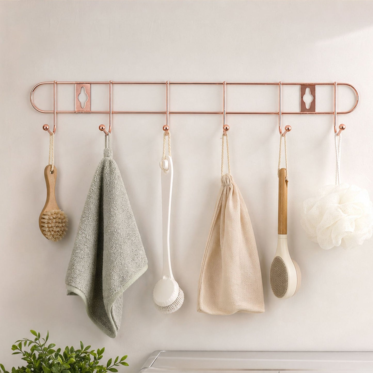 Rose Gold Metal Wall Mounted 6 Hook Rail Rack For Towels Utensils Coats (1 Pc)