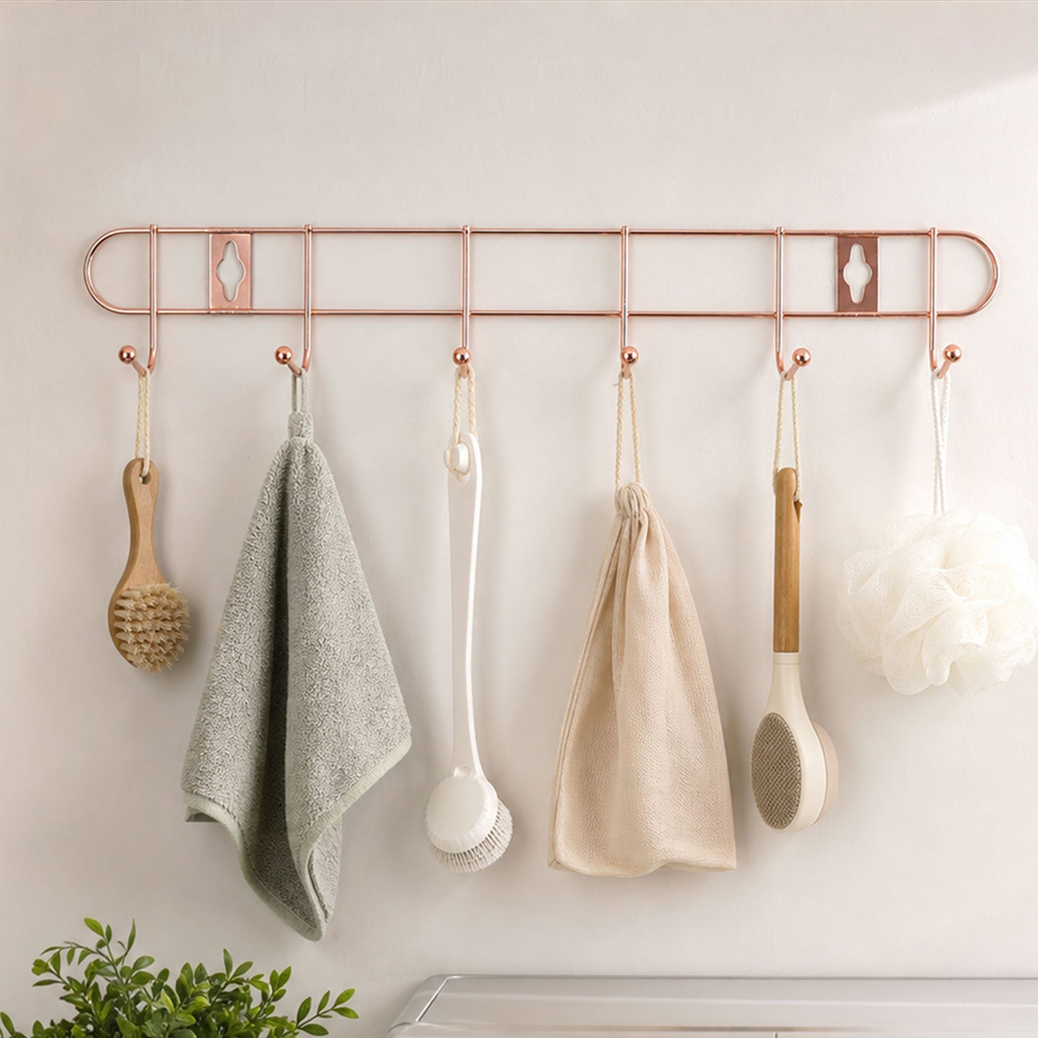 Rose Gold Metal Wall Mounted 6 Hook Rail Rack For Towels Utensils Coats (1 Pc)