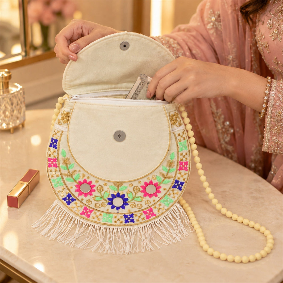 Traditional peacock embroidered jute sling purse with fringe, 24x24 cm, by Wukusy, showcasing intricate embroidery and stylish design.
