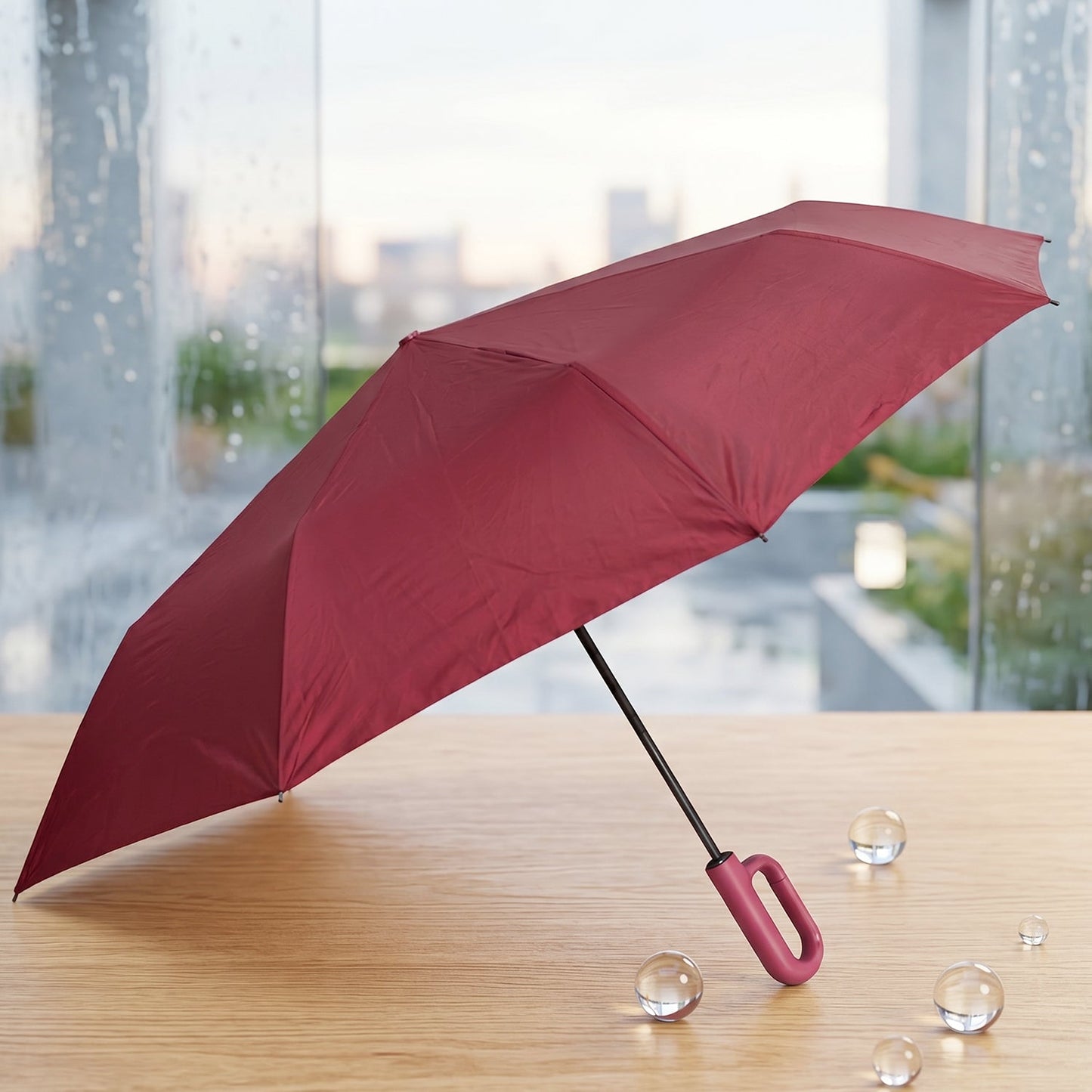 Wukusy portable windproof travel umbrella, compact and durable for rain and sun, shown open with black canopy and handle.
