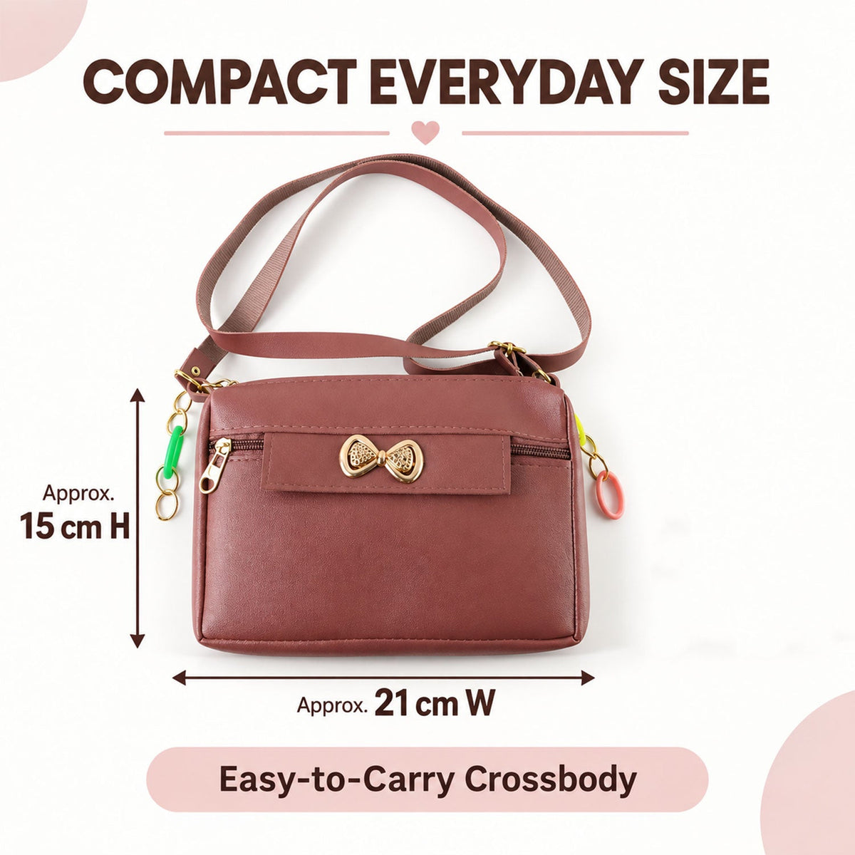 Wukusy women's PU leather sling bag with adjustable strap and decorative bow, featuring a compact design and stylish appearance.