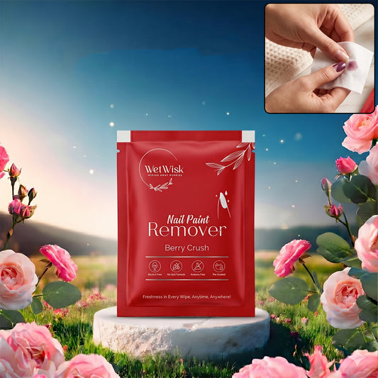 Wukusy acetone-free nail paint remover wet wipe showing soft, moist wipe with gentle nail care formula for easy polish removal