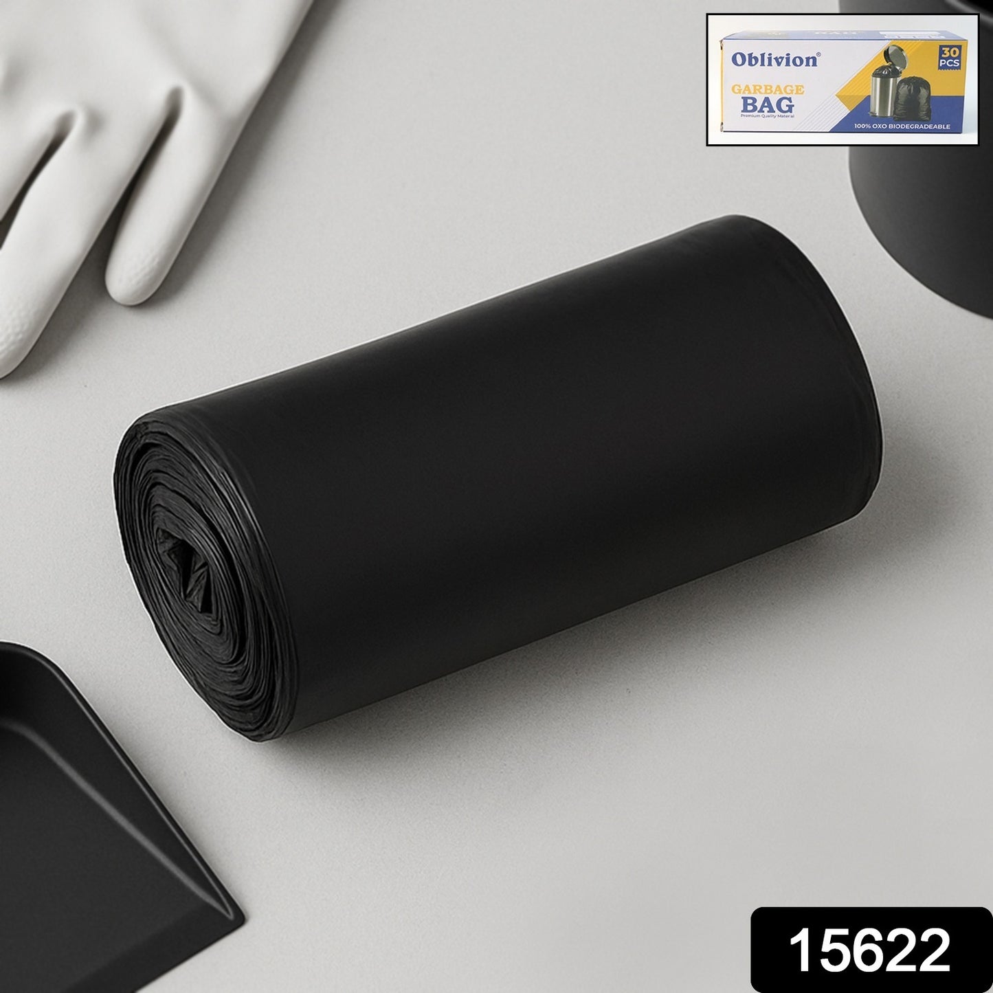 Black medium-sized garbage bag by Wukusy, 24 x 32 inches, ideal for home trash disposal, shown filled and ready for use.
