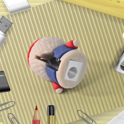 Wukusy cartoon-shaped office pencil sharpener with built-in eraser, colorful and fun stationery accessory for kids and students.