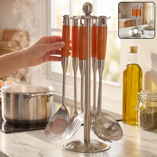 Wukusy 7-in-1 stainless steel kitchen tool set with wooden handles and stand, including spatulas, spoons, and tongs.