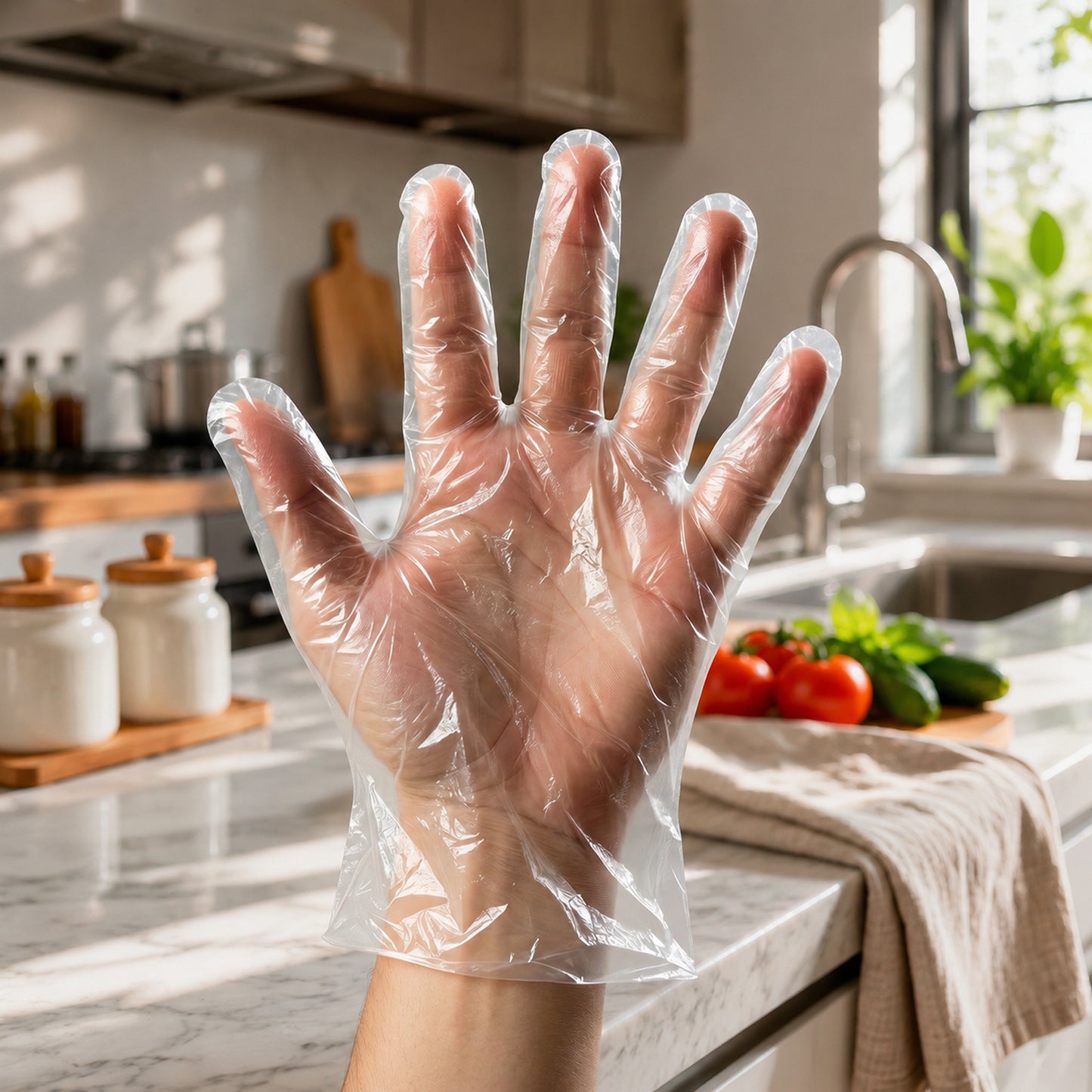 Pair of white disposable gloves by Wukusy, designed for kitchen and household use, shown on a clean surface.