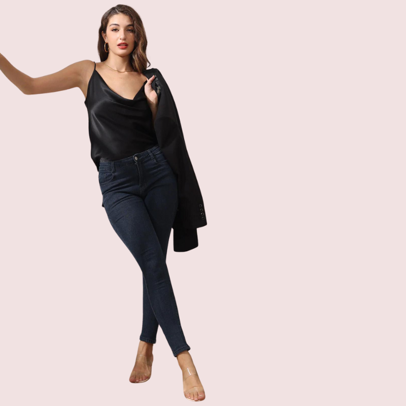 Snazzyway Éclat Satiné cowl neck silk satin camisole shown in a close-up image highlighting the smooth fabric and elegant drape.