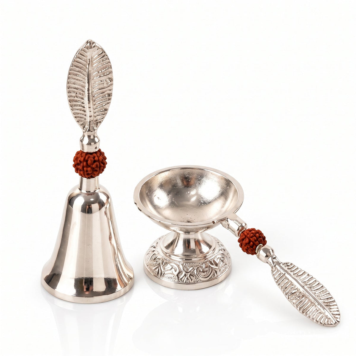 Silver Finish Pooja Bell And Diya Set With Leaf Handles And Box (1 Set)