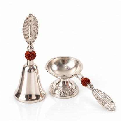 Silver Finish Pooja Bell And Diya Set With Leaf Handles And Box (1 Set)