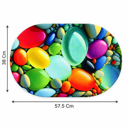Colorful pebble print oval door mat by Wukusy, 57.5x38 cm, designed for home floor decor with vibrant pebble patterns.