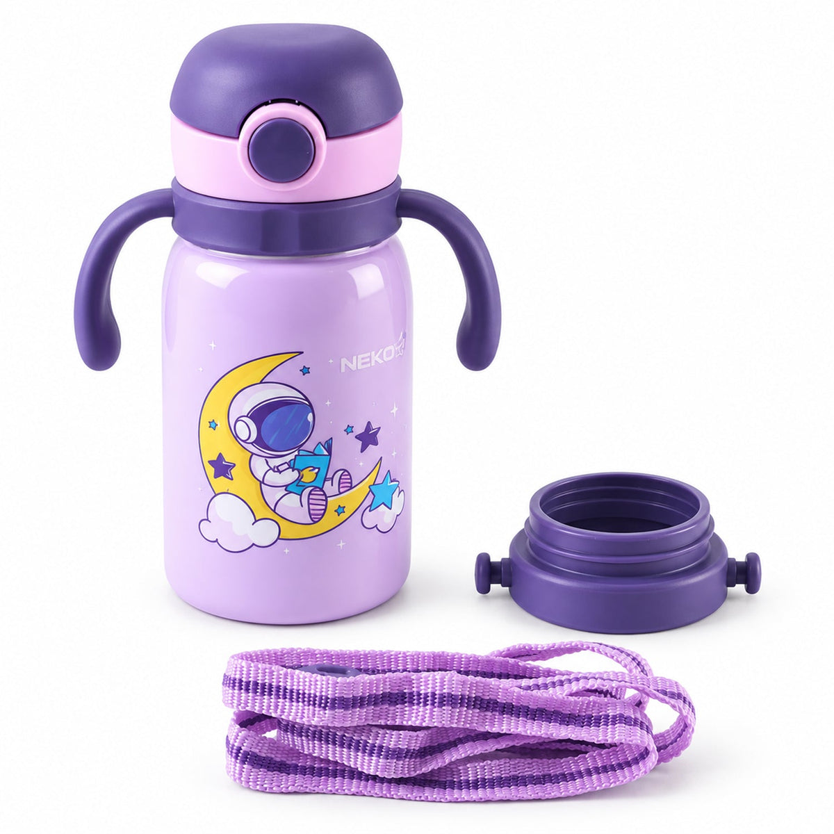 Wukusy Nekza kids stainless steel sipper water bottle with handles and strap, 500ml, shown with colorful design and secure lid