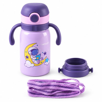 Wukusy Nekza kids stainless steel sipper water bottle with handles and strap, 500ml, shown with colorful design and secure lid