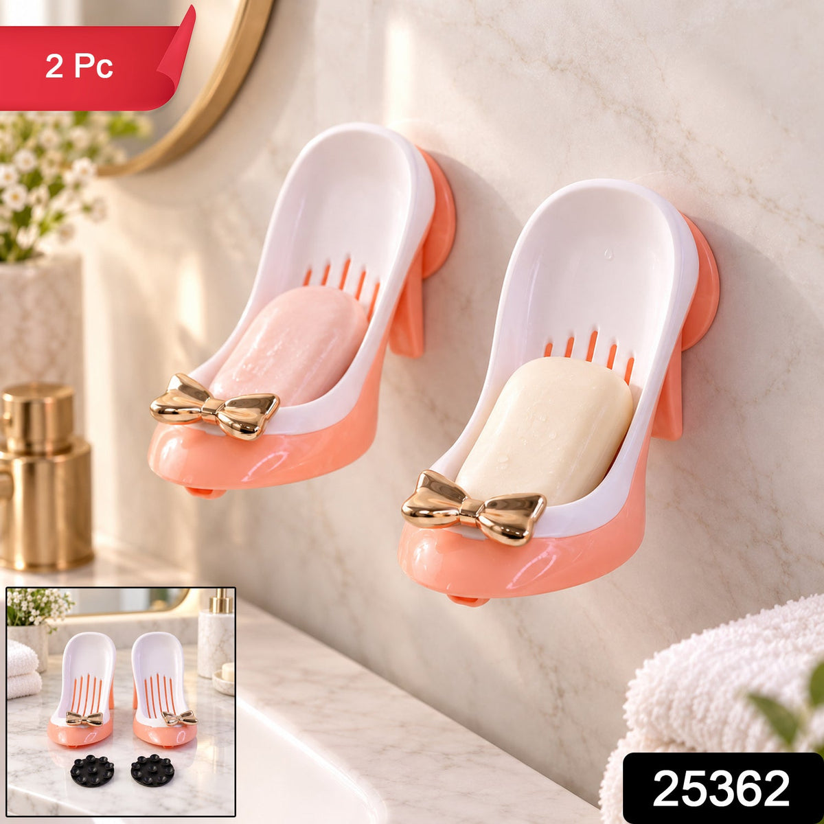 Pair of Wukusy shoe-shaped shower soap holders with drainage and suction mounts, designed to keep soap dry and secure in the shower.