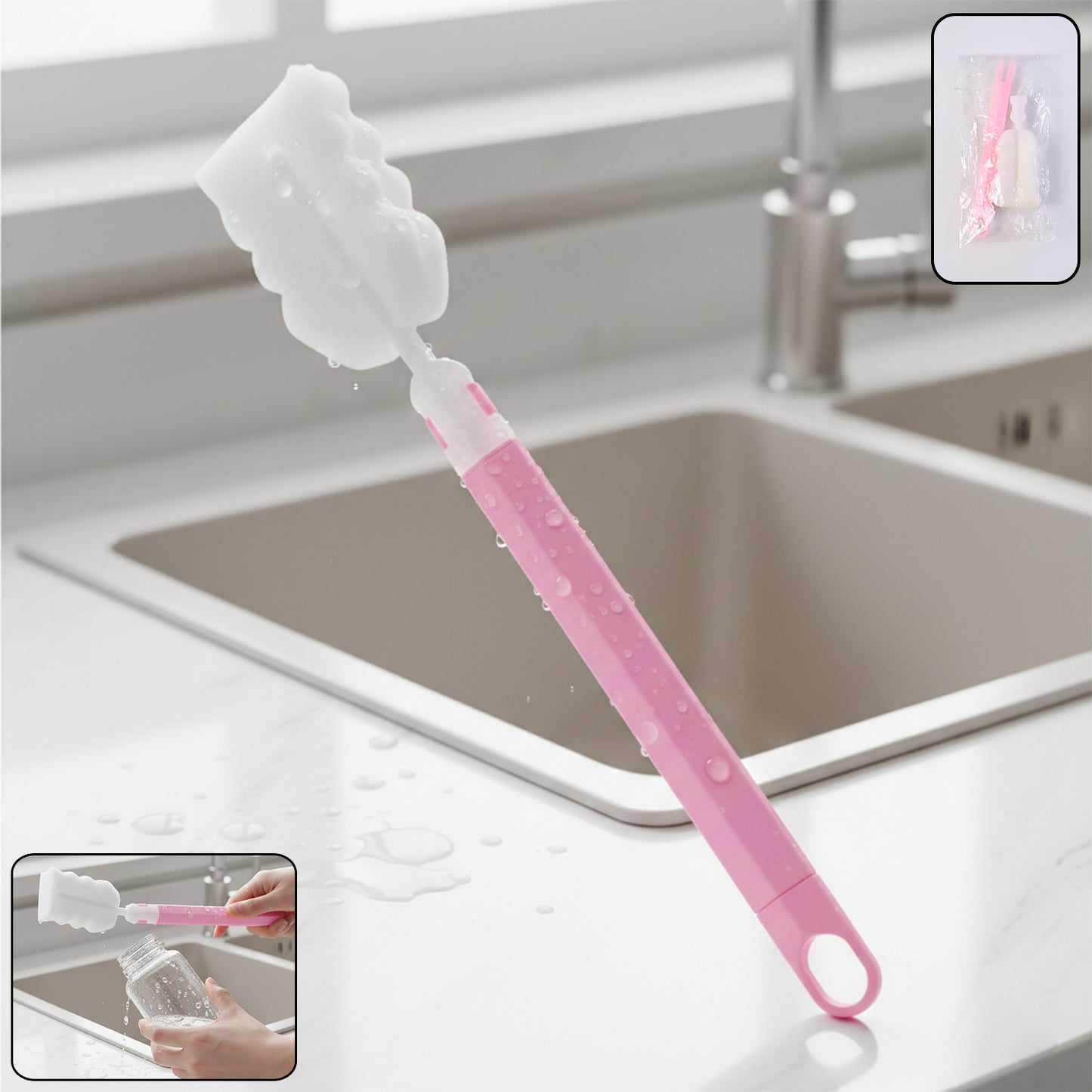 Wukusy long handle silicone bottle cleaning brush, 32 cm, with flexible bristles for thorough cleaning of bottles and narrow openings.