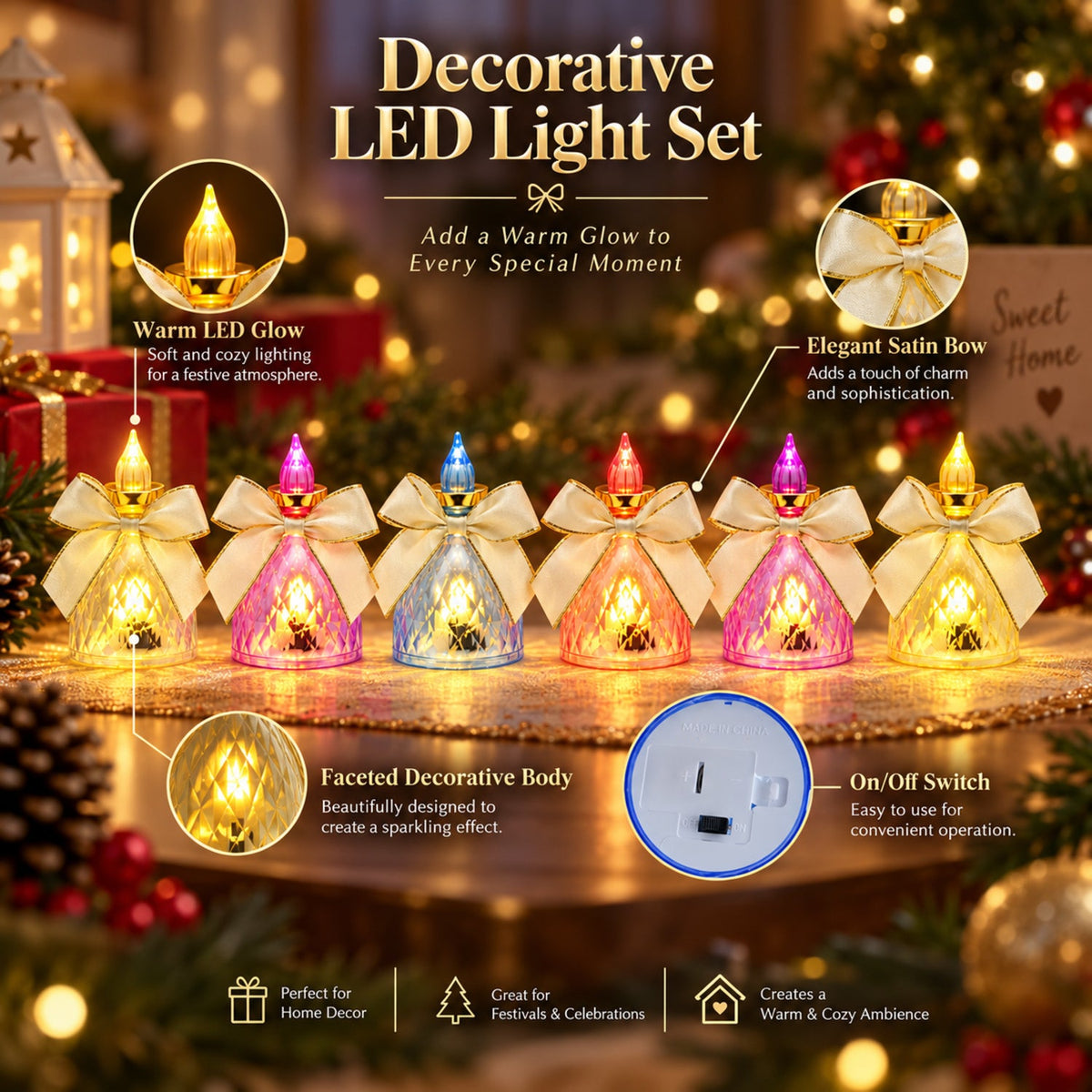 Set of six Wukusy decorative flameless LED candle lights with bows for home decor, featuring warm glow and elegant design.