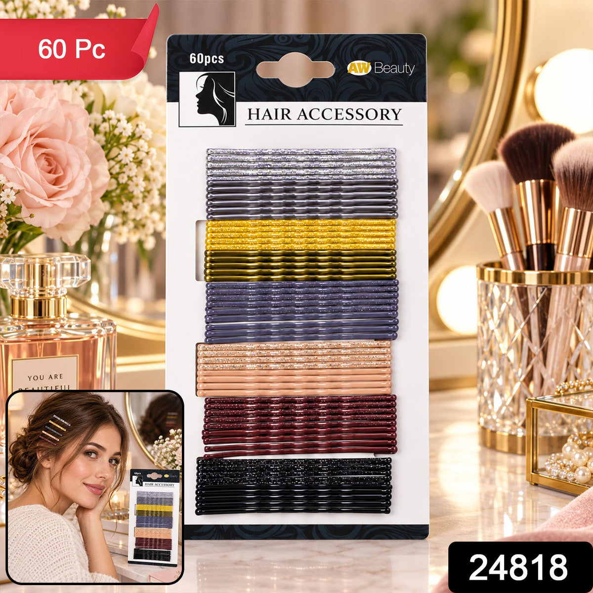 Set of 60 Wukusy metal hair pins with waved grip and rounded tips, 5cm long, ideal for secure hair styling.