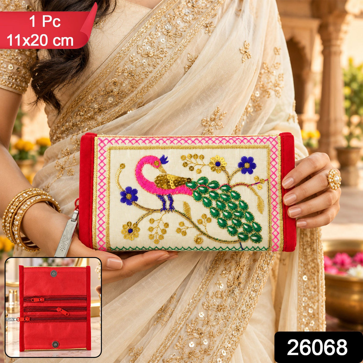 Traditional peacock embroidered clutch wallet by Wukusy with zip, featuring colorful peacock design and compact 11x20 cm size.