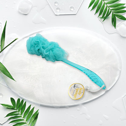 Wukusy 6702a loofah back scrubber with long handle, soft nylon mesh bath sponge for shower and body cleaning.