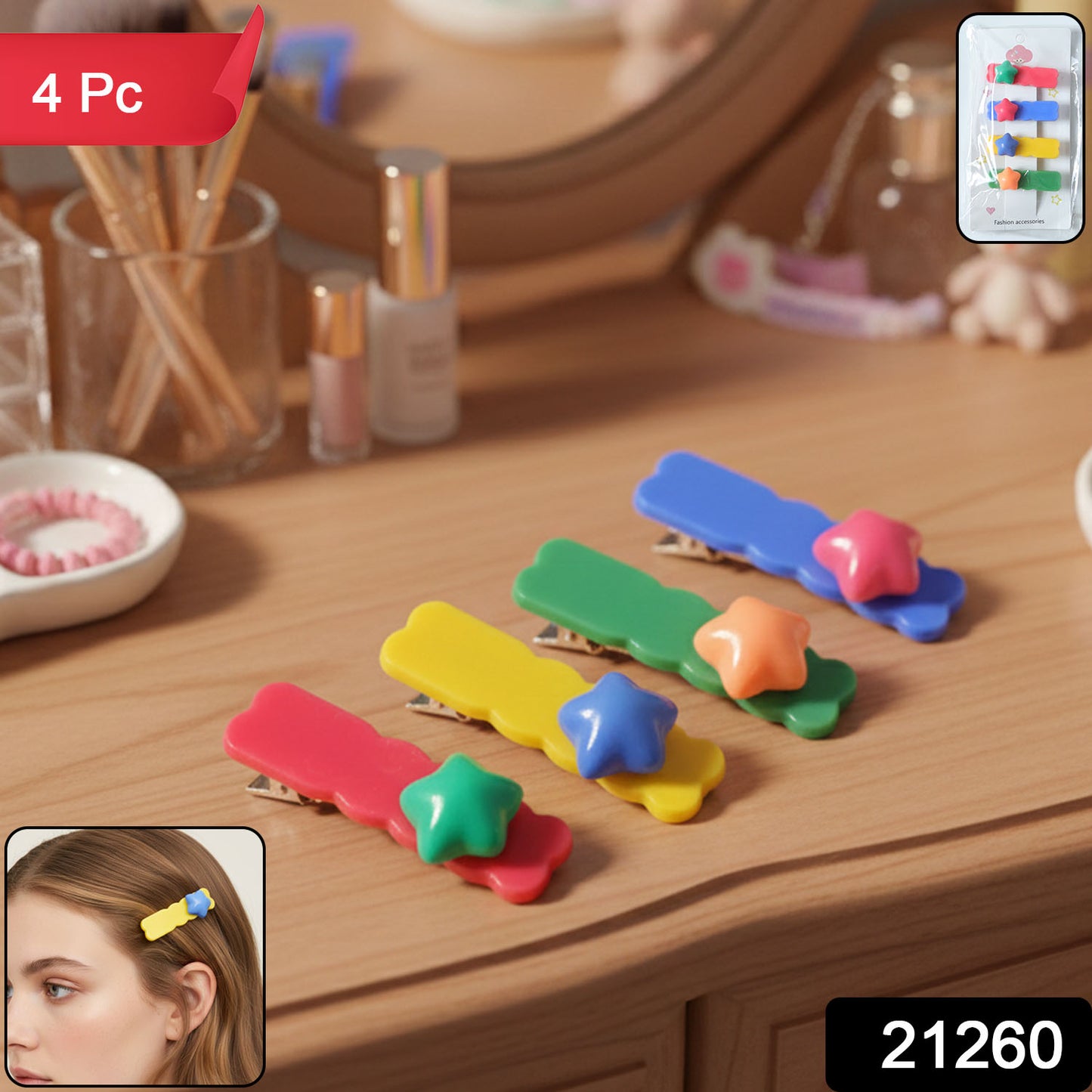 Colorful Star Design Decorative Hair Clip Set (4 Pc)