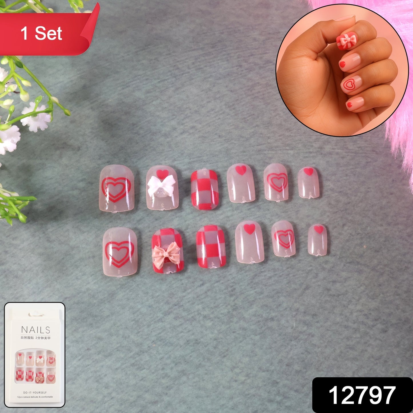 Wukusy premium artificial false nail set with mixed designs, showcasing a variety of stylish nail art on a clear background.